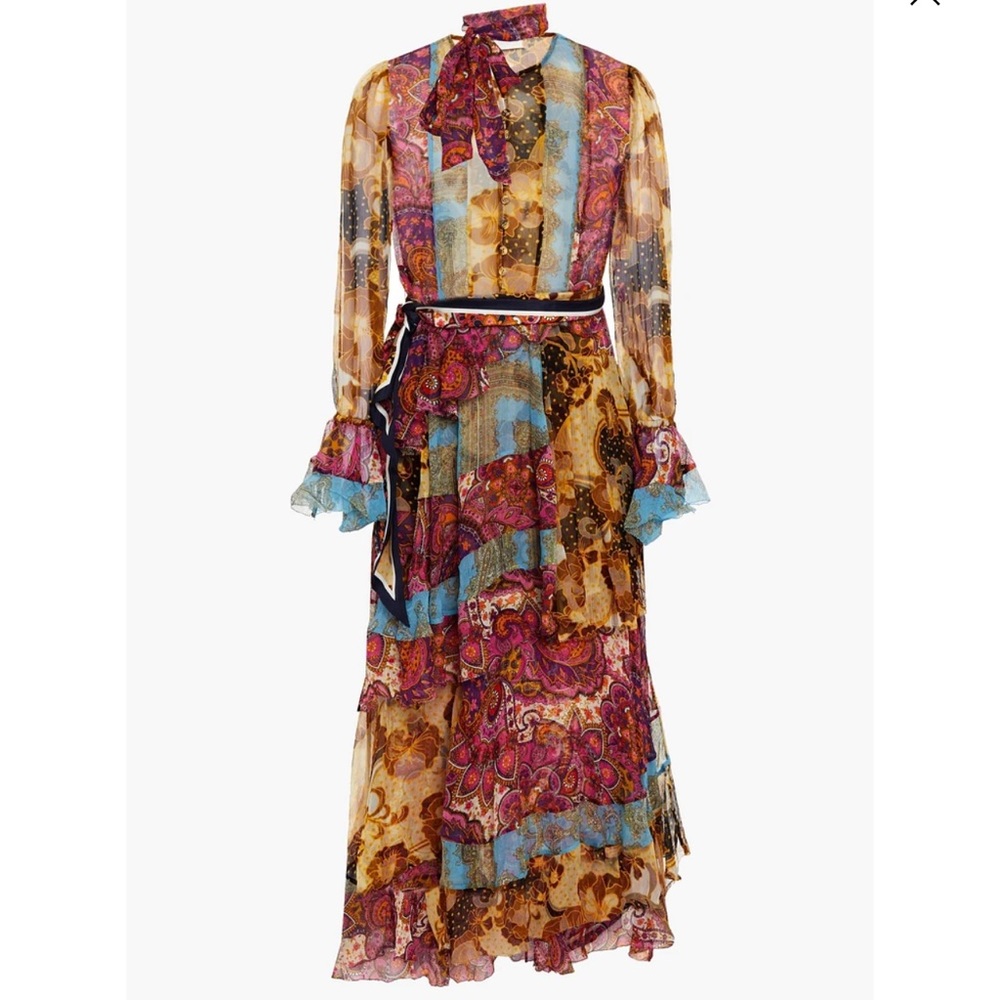 Zimmermann fiesta flounce tiered tie-neck printed silk-crepon midi dress